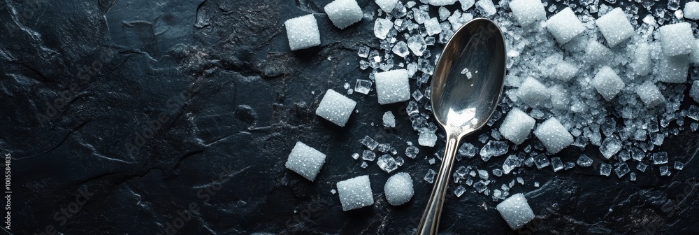 Poster white refined sugar crystals and cubes are scattered on a dark stone background with an antique spoo