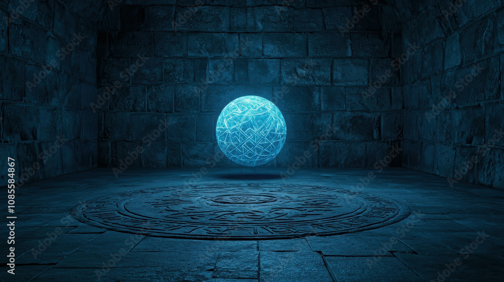 Poster Mystic Blue Sphere Illuminating an Ancient Stone Chamber with Intricate Patterns and Ethereal Glow, Creating an Atmosphere of Enigma and Wonder