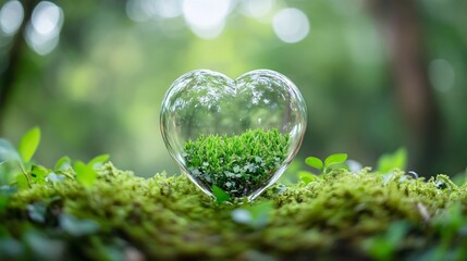 A heart-shaped glass container holds vibrant green moss, symbolizing love for nature amidst a lush, soft green environment.