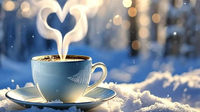 A steaming cup of coffee sits on snow with a heart-shaped vapor rising, set against a blurred snowy background.