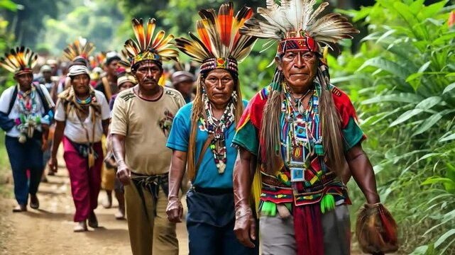 A group of Native Red Indians wearing colorful Indian headdresses walked along a dirt road.