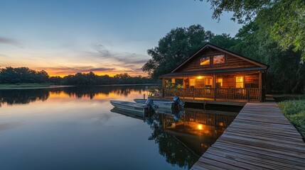 Fototapeta premium Wooden river cabin, docked boat nearby, evening sky 
