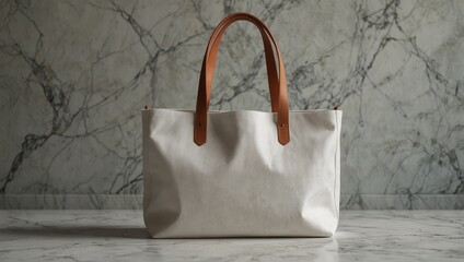 White color blank canvas tote bag mockup on marble top table