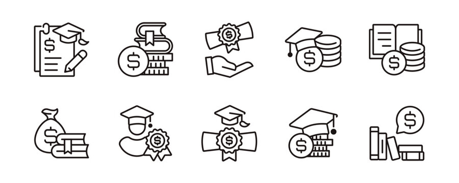 school fee scholarship tuition icon set student college financial cost university graduation money loan signs vector illustration