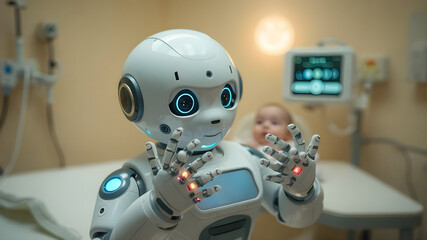 AI robot is helping to take care of babies in the nursing room. It looks cute and warm. 