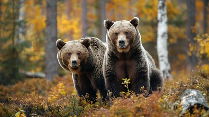 Fototapeta premium Two brown bears standing in a forest during autumn with colorful foliage.