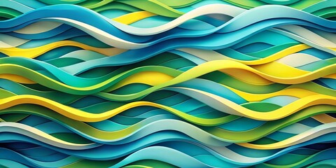Abstract Wavy Pattern of Interlocking Blue, Green, and Yellow Ribbons