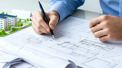 A person sketches architectural plans on blueprints, with a 3D model of a building nearby, showcasing design and planning expertise.