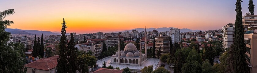 A panoramic view of a city at sunset, featuring buildings and a prominent dome structure.