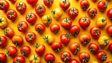 Fototapeta premium Vibrant Red Tomatoes and Yellow Pear Tomatoes Arranged in a Symmetrical Pattern on a Bright Yellow Background
