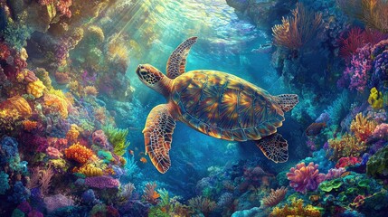 Fototapeta premium Vibrant Sea Turtle Swimming Through Colorful Coral Reef Underwater Scene with Bright Sunlight Filtering Through Ocean Water