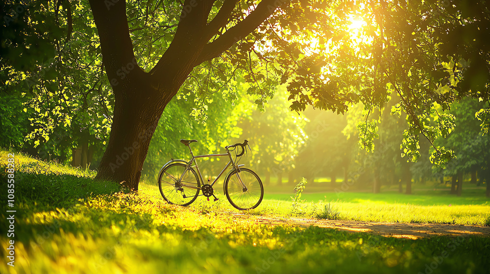 Poster A quiet park with sunlight filtering through trees illuminating a bicycle resting against a large tree trunk