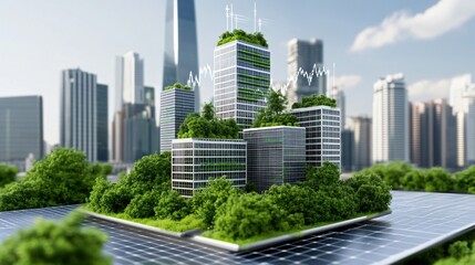 Obraz premium A modern cityscape featuring eco-friendly skyscrapers adorned with greenery, solar panels, and a focus on sustainable architecture.