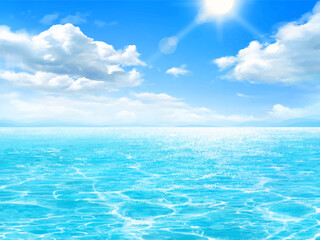 A beautiful summer-themed frame illustration featuring a blue sky with clouds and the sun, along with shimmering sea waves.