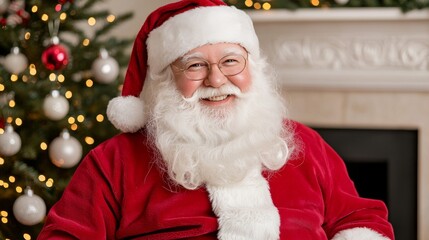 Joyful Santa Claus Portrait Cozy Living Room Holiday Photography Festive Decor Warm Atmosphere Celebrating Christmas Spirit