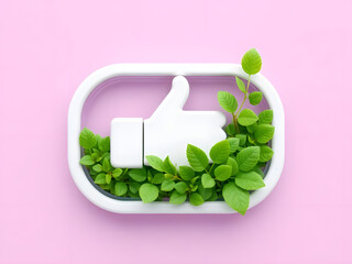3d Like icon button covered with green plants over colored background