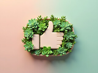 3d Like icon button covered with green plants over colored background