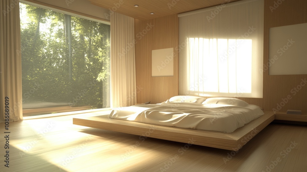 Aufkleber serene and minimalistic bedroom design with natural light streaming through the windows for a calm a