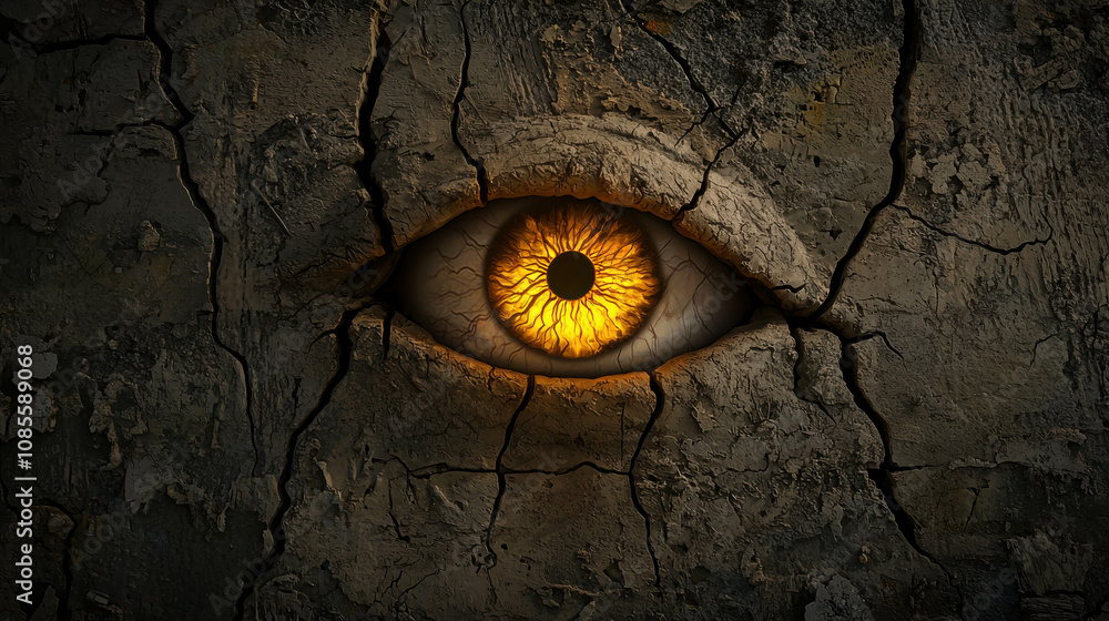 Poster intriguing macro image of an eye emerging from a weathered and cracked surface with striking golden 
