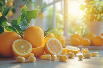 Obraz premium Fresh oranges and lemons with sunlight backdrop.