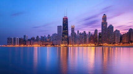 Fototapeta premium Stunning Sunset Over Chicago Skyline with Reflective Water, Skyscrapers, Bright Lights, and Vibrant Colors Creating a Breathtaking Urban Scene at Dusk