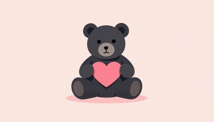 Fototapeta premium Black teddy bear holding pink heart on minimalist background