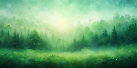 Fototapeta premium Mystical Fog Envelops a Tranquil Forest, Bathing the Lush Greens in a Dreamy Glow