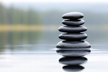 A serene stack of smooth black stones balanced on calm water, reflecting tranquility.