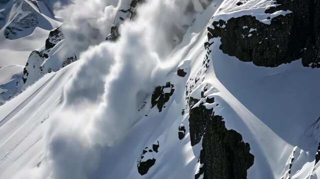 An avalanche thunders down a snow-covered mountain, a display of nature might. Mountainside snow collapse, a powerful force reshaping the landscape.
