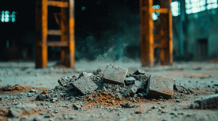 Naklejka premium Pile of Crushed Stone and Debris on Ground in Industrial Warehouse with Dust and Particles in Air, Capturing Urban Decay and Construction Vibes