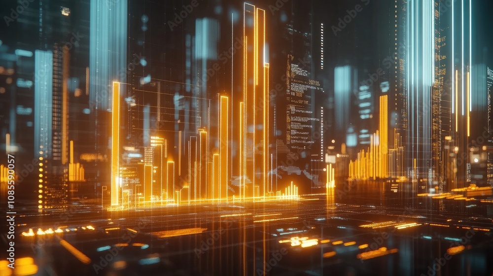 Poster abstract visualization of digital data flow represented by glowing orange bars and lines in a futuri