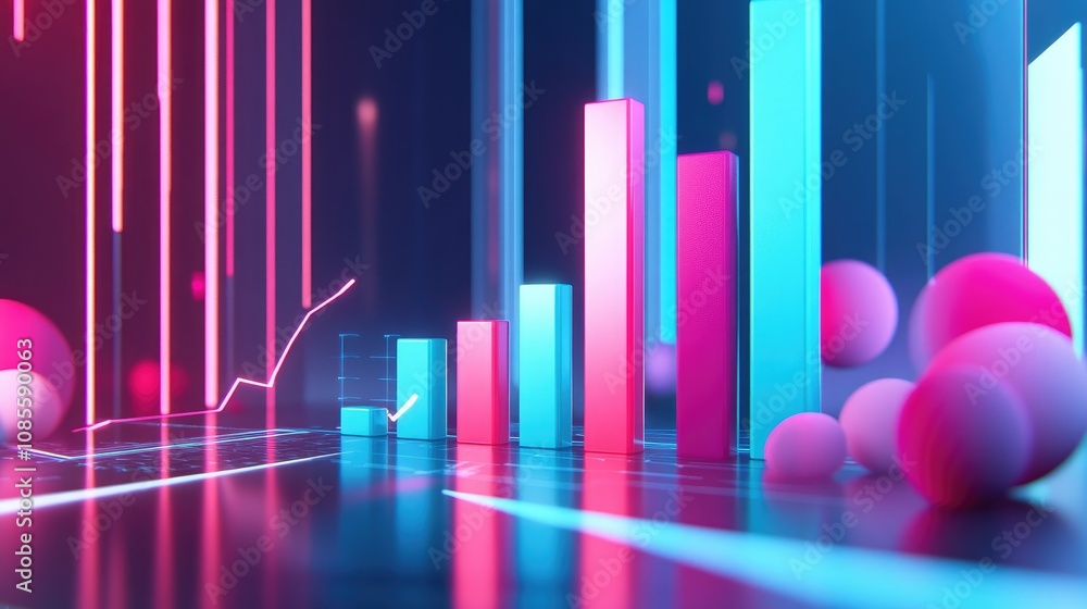 Poster abstract digital visualization of rising graphs and colorful elements representing business growth, 