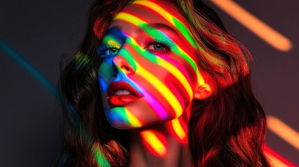 Naklejka premium Radiant Woman with Rainbow Light Projection on Face