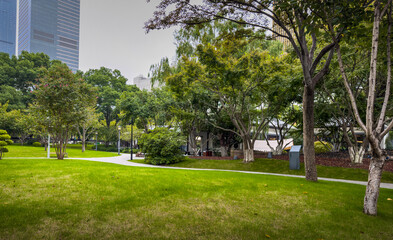 Tranquil Urban Park Surrounded by Lush Greenery and Modern Architecture
