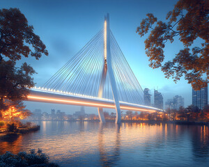 Obraz premium Modern cable-stayed bridge over calm river at twilight, with illuminated structure and trees lining the banks. City skyline in the background.
