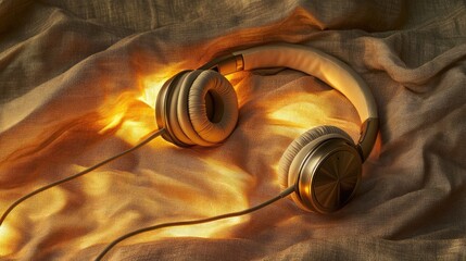 Fototapeta premium Elegant Over-Ear Headphones Resting on a Soft, Textured Fabric with Warm, Golden Light Creating a Cozy and Inviting Atmosphere for Music Lovers