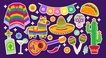A collection of Mexican themed stickers including a sombrero, a guitar, a cactus, and a margarita glass