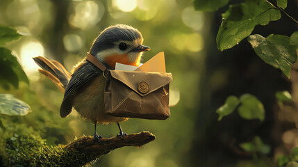 A small bird with a messenger bag delivers letters in a lush green forest during daylight, showcasing nature's charm and whimsical activities