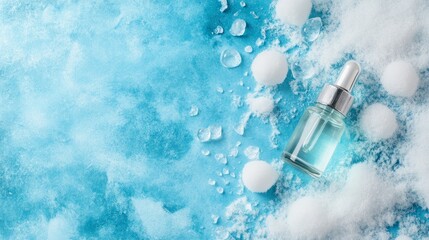 Glass bottle with serum essential oil on blue background on the snow. winter cosmetic for face and hand skin care with vitamins. 