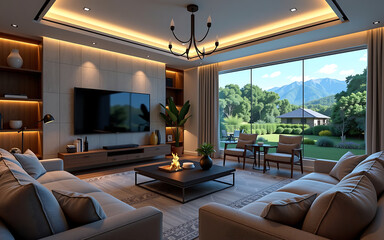Contemporary Family Living Room With Interactive Smart Wall And Transformable Furniture Solutions 2025