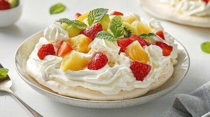 Tropical Pavlova with Whipped Cream and Fresh Fruits