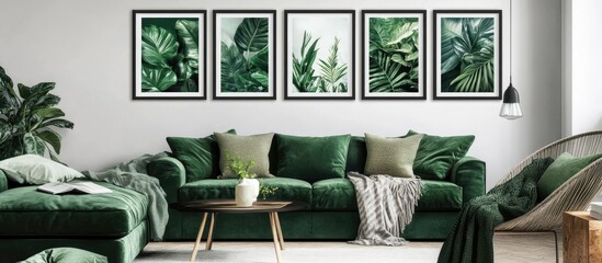 Cozy sofa nestled in an elegant living room adorned with diverse nature posters perfect for relaxation and style