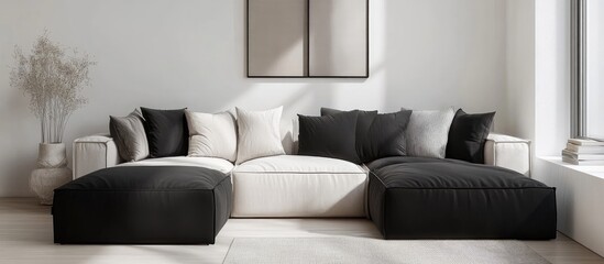 Cozy black white and grey sofa in the corner of a living room creating a neutral and calming atmosphere with white walls