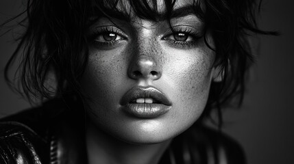 Black and white portrait of a woman with freckles.