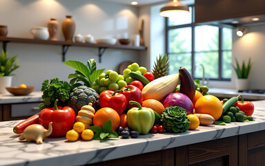 Fresh Organic Vegetables And Fruits Arrangement On Marble Counter In Professional Kitchen