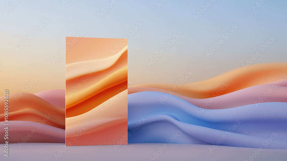 Poster a minimalist design featuring flowing pastel waves and a rectangular panel, evoking a serene and mod