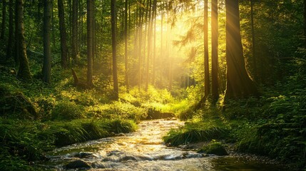 Fototapeta premium Gentle Winding Stream Through Dense Forest at Sunset