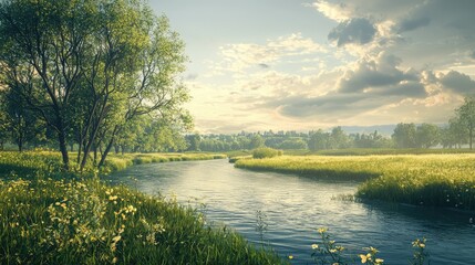 Obraz premium Gentle River Flowing Through Lush Green Meadow