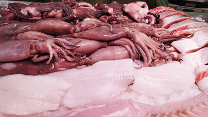 Octopus and squid displayed on ice in a store with close-up. Seafood on supermarket ice display. Sea food concept