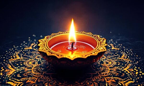 Happy Diwali, Diwali lamp on a Mangala pattern at night